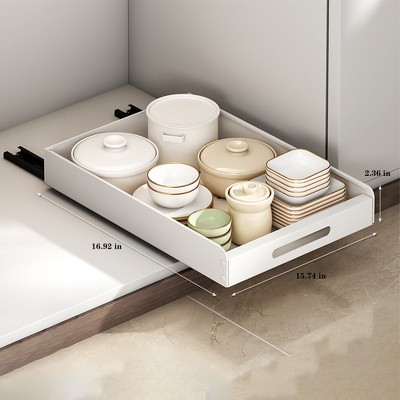 Pull Out Cabinet Organizer, Sturdy Carbon Steel Slide-Out Shelves, Slide Out Shelf Fixed With Adhesive, Extendable Slide Out Drawer White
