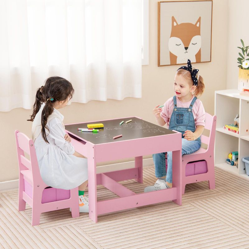 Tangkula Kids Table and Chair Set - 3 in 1 Activity Table w/Reversible Tabletop & Storage Drawers for Drawing Reading Pink, 3 of 11
