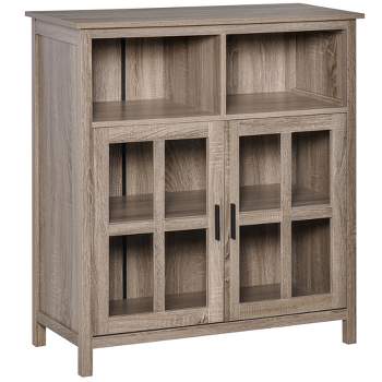 HOMCOM Accent Sideboard, Serving Storage Buffet Cabinet with 2 Open Components, Glass Door Cabinet and Adjustable Shelf, Oak