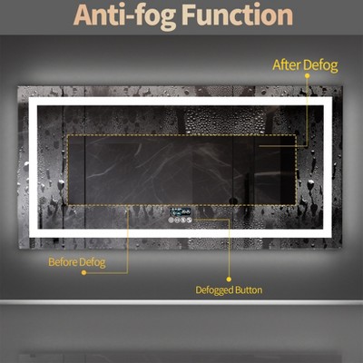 Large Rectangular Frameless Smart Bathroom Make up Mirror w/ Bluetooth Dual LED Strips Anti-Fog Dimmable Lighting