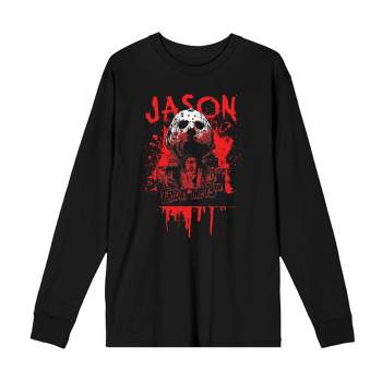 Friday The 13th Blood Splatter Jason Mask Crew Neck Long Sleeve Unisex Adult Tee