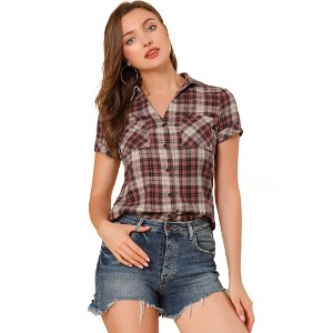 INSPIRE CHIC Women's Classic Short Sleeve Button Down Plaid Shirt - 1 of 4