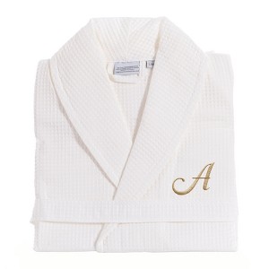 Linum Home Textiles 100% Turkish Cotton Unisex Personalized Waffle Weave White Bathrobe in Gold Script Font - 1 of 2