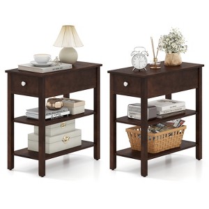 Tangkula Set of 2 Narrow End Tables w/Drawer Shelves & Rubber Wood Legs Sofa Side Table - 1 of 4