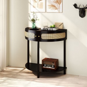 Kumasinova 32.3" Unique Half Moon End Table with 2 Doors,Rustic Rattan Sofa Side Table for Living Room&Bedroom,Elegant 2-Tier Nightstand - 1 of 4