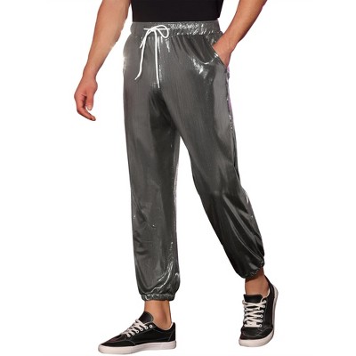 Lars Amadeus Men's Shiny Metallic Drawstring Waist Party Disco Sparkle Joggers Pants