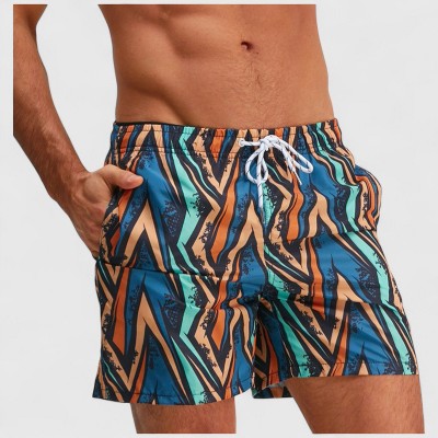 Anna-Kaci Men's Geometric Print Swim Trunks with Elastic Waistband and Side Pockets