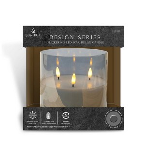 LumiPur XL 6"x6" Premium Design Series Glass Natural Glow 3-Wick Flameless LED Candle Silver - 1 of 4