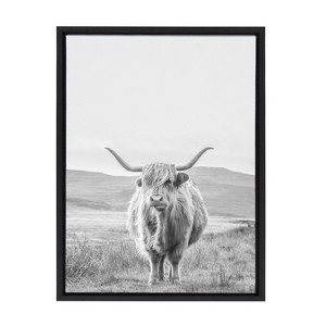 Kate and Laurel Sylvie Highland Cow Mountain Landscape Black and White Framed Canvas by The Creative Bunch Studio, 18x24, Black - 1 of 4