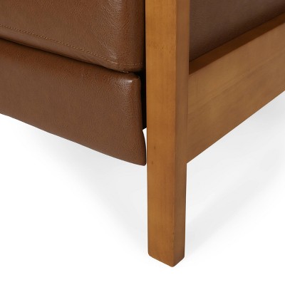 Munro Cognac Brown Faux Leather Recliner with Teak Wood Frame