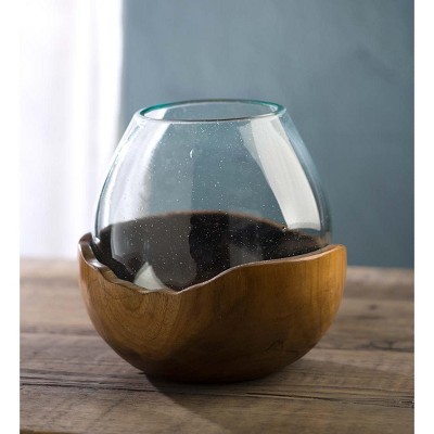 VivaTerra Blown Glass Vase with Teak Base- Small