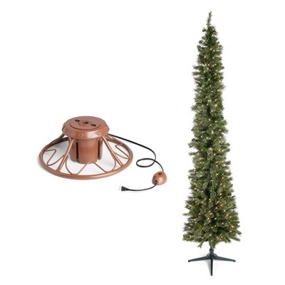Home Heritage 1-1.75" Christmas Tree Base Rotating Metal Stand with Stanley 9' Skinny Pencil 350 Pre-Lit White Lights Artificial Christmas Tree