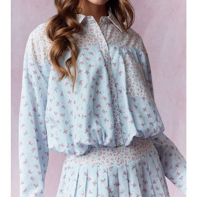 Women's Ditsy Floral Bubble Hem Cropped Shirt - Peach Love