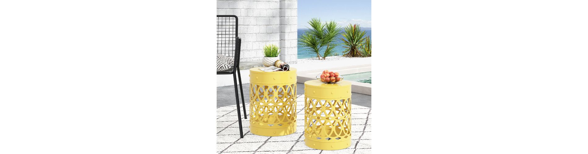 Lyngins 2-Pack Yellow Iron Cut Outdoor End Tables, Cylindrical Patio End Table, Outdoor Side Table with Overlapping Circle Pattern