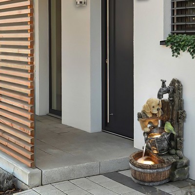 Farmhouse Brown Resin Fountain with Puppy and Bird Scene