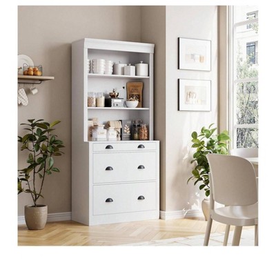 71" Tall Bookcase with 3 Drawers and 3 Open Shelves White Storage Cabinet for Living Room