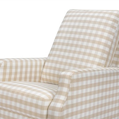 Tan Gingham Velvet Swivel Recliner with Light Wood Base