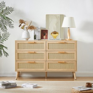TIRAMISUBEST Bedroom dresser, 6 Double Dresser with rattan drawers, wood chest of drawers for kids room, living room - 1 of 4