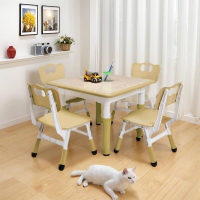 Modern Kids Table and 4 Chair Set,23.26" Height Adjustable Toddler Tables and 4 Chairs with Non-Slip Desk Legs&Organizer Graffiti Desktop (Kakhi