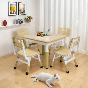 Modern Kids Table and 4 Chair Set,23.26" Height Adjustable Toddler Tables and 4 Chairs with Non-Slip Desk Legs&Organizer Graffiti Desktop - 1 of 4