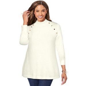 Jessica London Women's Plus Size Gold Button Mockneck Sweater - 1 of 4
