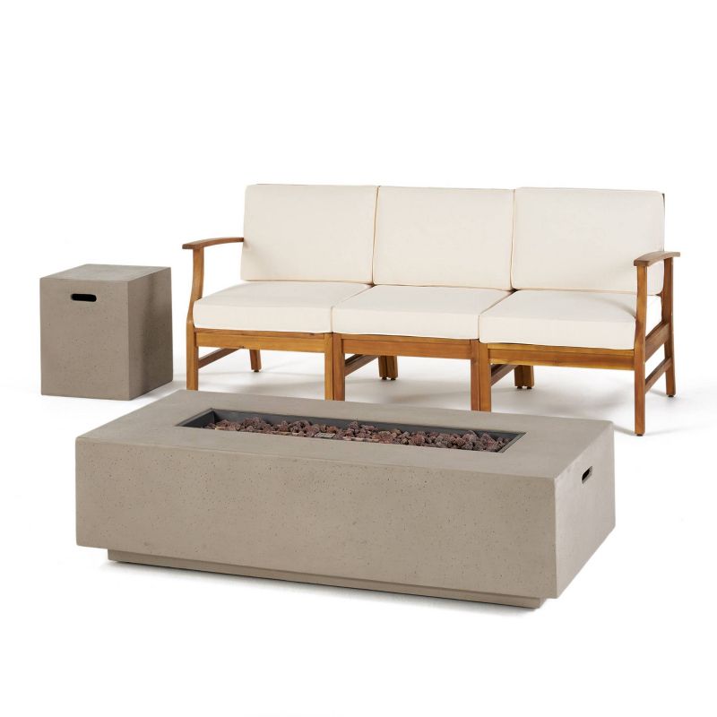 Perla 5pc Acacia Wood Sofa with Rectangular Fire Table - Teak/Cream/Light Gray - Christopher Knight Home, 3 of 9