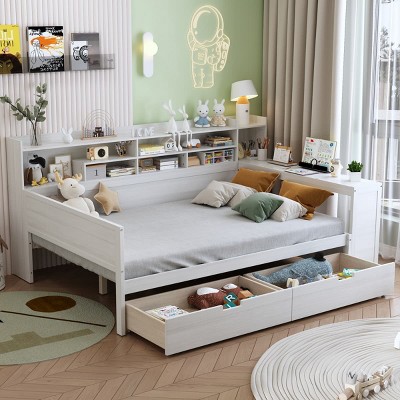 Full Size Wooden Daybed with Built-In Desk, Multi-Functional Frame with Storage Shelves and Drawers, Space-Saving Design-Maison Boucle