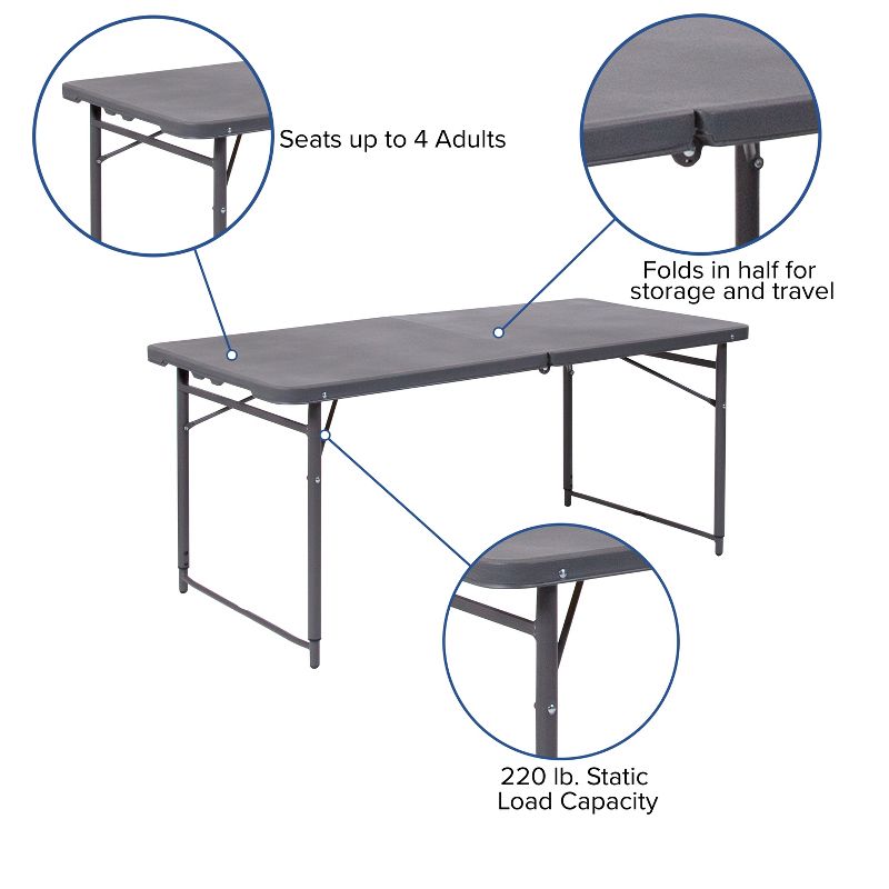 Flash Furniture 4-Foot Height Adjustable Bi-Fold Dark Gray Plastic Folding Table with Carrying Handle, 6 of 12