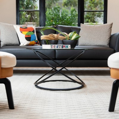 31.5" Round Clear Glass Coffee Table with Black Metal Base