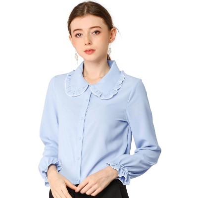 Allegra K Women's Sweet Ruffle Peter Pan Collar Long Sleeves Button Down  Shirt Light Blue Large
