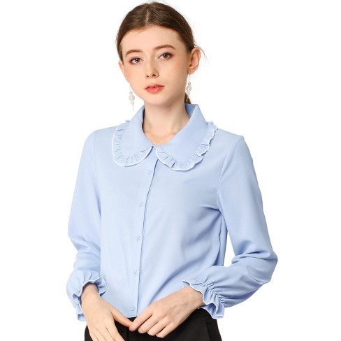 Allegra K Women's Sweet Ruffle Peter Pan Collar Long Sleeves Button Up  Shirt Light Blue Large : Target