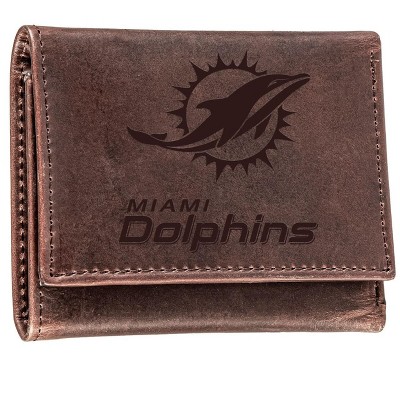 Evergreen NFL Miami Dolphins Brown Leather Trifold Wallet Officially Licensed with Gift Box