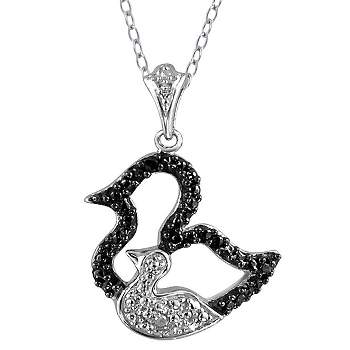 Women's Sterling Silver Accent Round-Cut Black and White Diamond Motherly Duck Pendant (18")