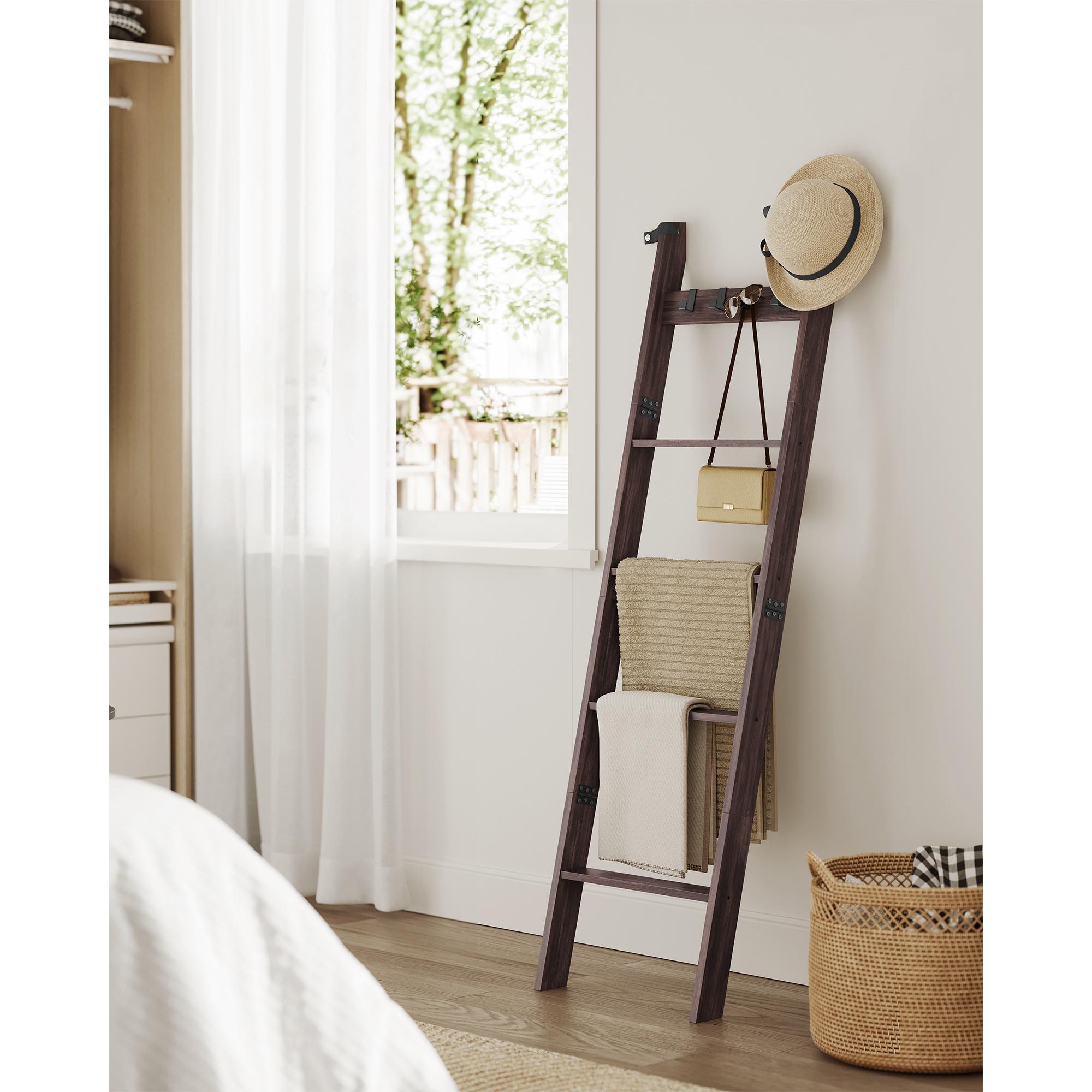 5-Tier Blanket Ladder with 4 Hooks, Rustic Farmhouse Storage Shelf for Towels, Throws & Decor, Maroon Brown