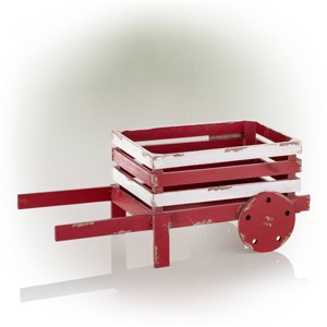 Alpine Corporation 21" Americana Wheel Barrow Wooden Novelty Planter: Patriotic Garden Decor - 1 of 4
