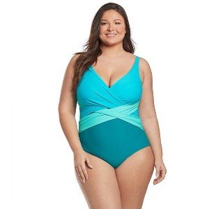 Sporti Sporti Plus Size Marina Criss Cross Tummy Control One Piece Swimsuit Dark Emerald Multi 24W - 1 of 4