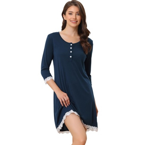 Cheibear Women's 3/4 Sleeve Maternity Lace Trim Lounge Nightgowns Blue  Large : Target