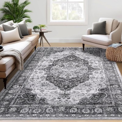 Vintage Floral Distressed Washable Rug - Soft, Stain-Resistant Low Pile Carpet with Non-Slip Backing for Bedroom, Living Room & Office