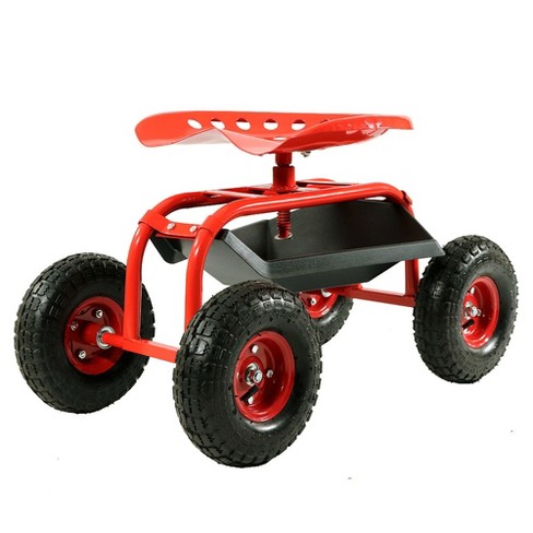 Rolling Garden Cart With Swivel Seat And Tray Red Sunnydaze