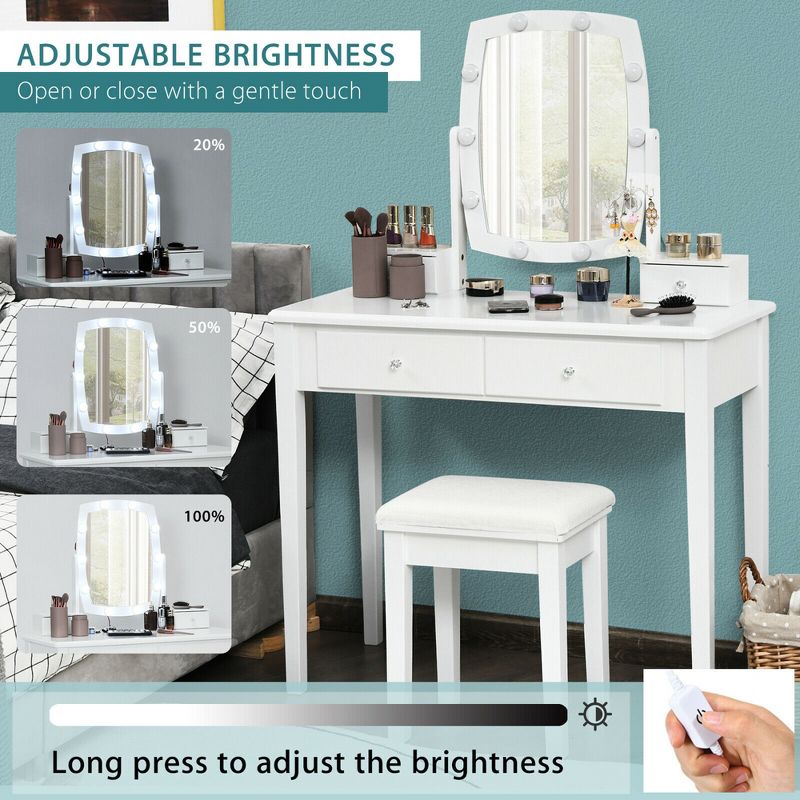 Costway Vanity Table Set with Lighted Mirror Adjustable 10 Bulbs Dresser 4 Drawer, 4 of 10
