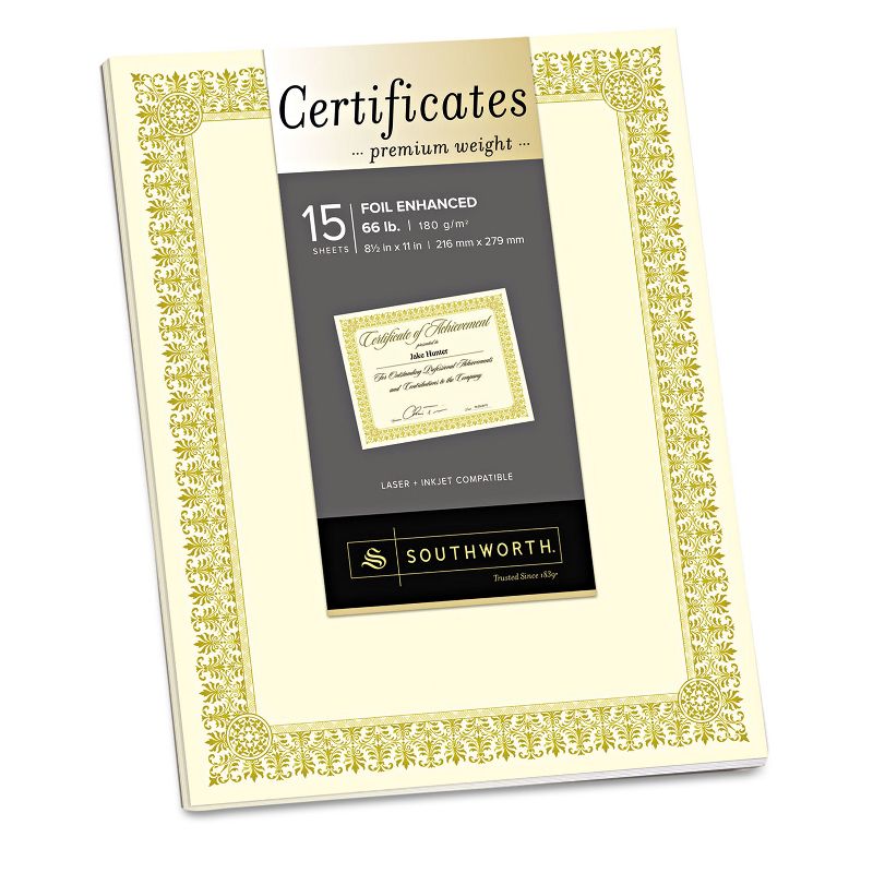 Southworth Premium Certificates Ivory Fleur Gold Foil Border 66 lb 8.5 x 11 15/Pack CTP1V, 1 of 4