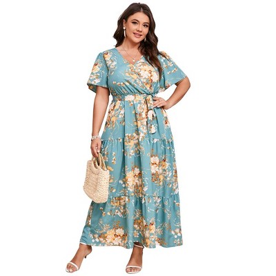 BLUEMING Plus Size Womens Dresses Floral Surplice A-Line Maxi Dress Waist Belted Floral Maxi Dress Wasit Tie Bell Sleeve Dress