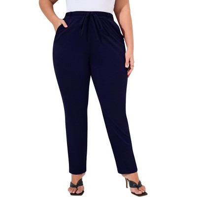 Womens Plus Size Stretch Work Pants Elastic Waist Business Casual Pants with Pockets Pencil Leg Dress Pants Navy 3XL