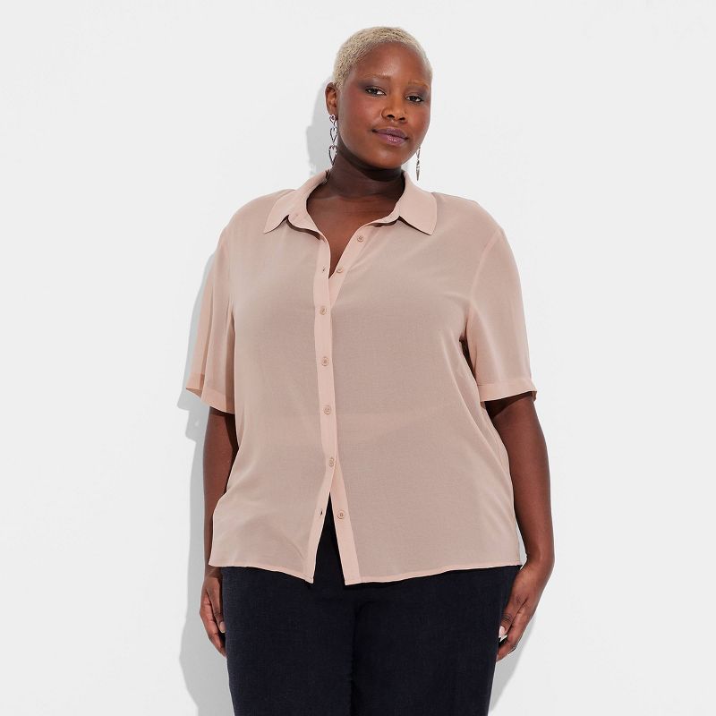Women's Short Sleeve Oversized Sheer Button-Down Shirt - Wild Fable™, 3 of 5