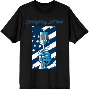 "In Tailgating We Trust" American Flag And Spatula Adult Short Sleeve Tee - 1 of 2
