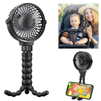Link Portable Battery Operated Stroller Fan 3 Speeds Hanging Loop Personal 720° Fan Detachable Tripod Stand Great For Home Office Dorms & More - Black