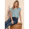 Slickblue Women's Floral Print Woven Tulip Sleeve Top, Round Neck Pleated Blouse - Blue/Ivory, Size S-L - 3 of 4