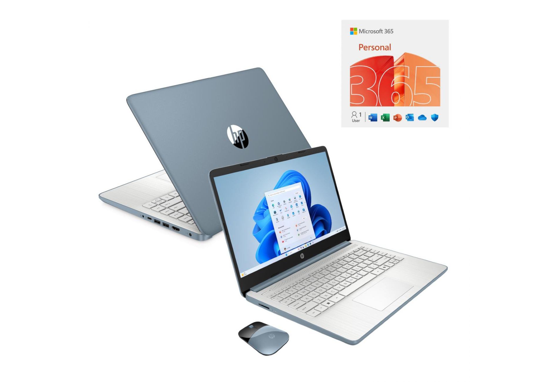 HP 14" HD Touchscreen Notebook Intel N150 4GB RAM 128GB SSD Moonlight Blue + HP Wireless Mouse + One Year M365 Subscription