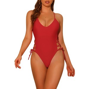 Elerevyo Women's Lace Up Criss Cross Plunge Monokini Side Tie Strappy Swimwear Bathing Suits 1 Pc - 1 of 4