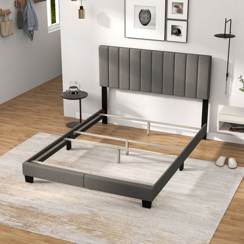Costway Queen Upholstered Platform Bed Frame Mattress Foundation Box Spring Needed Gray, 3 of 11